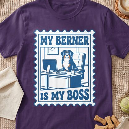 Bernese Mountain Dog sitting at a desk with "My Berner Is My Boss" text.