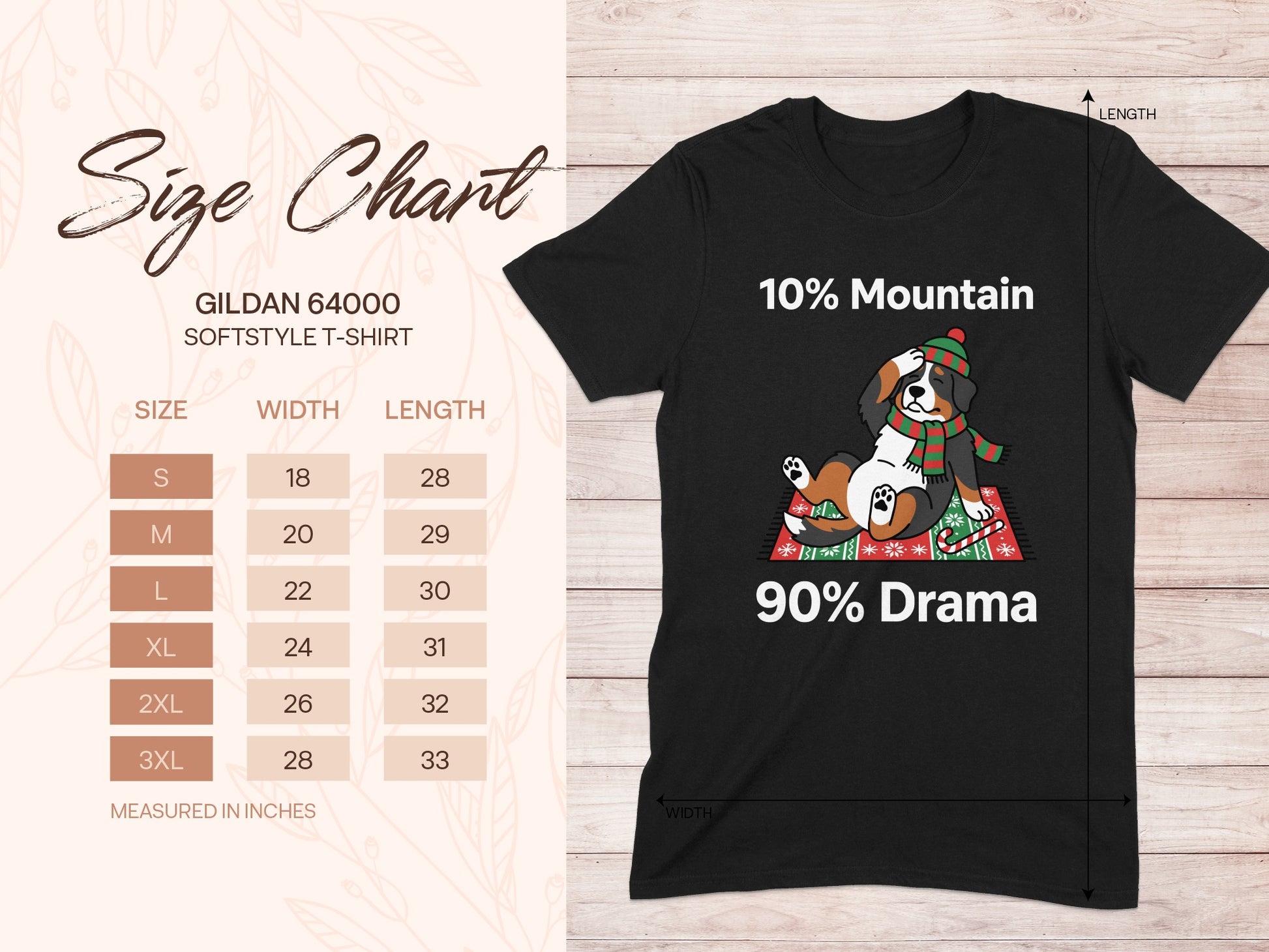 Black t-shirt with "10% Mountain 90% Drama" text and a dog graphic; includes size chart.