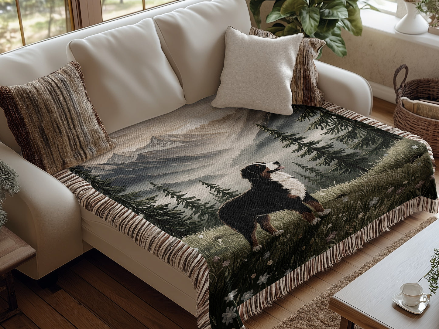 Bernese Mountain Dog Flower Field Blankets