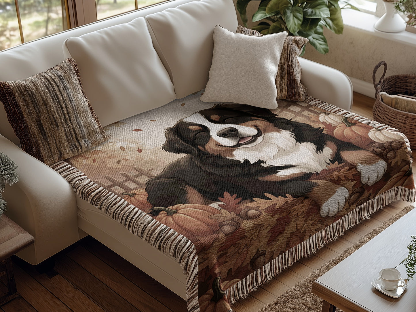 Smiling Bernese Mountain Dog In Autumn Leaves Blankets
