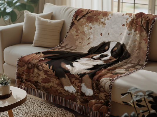 Smiling Bernese Mountain Dog In Autumn Leaves Blankets