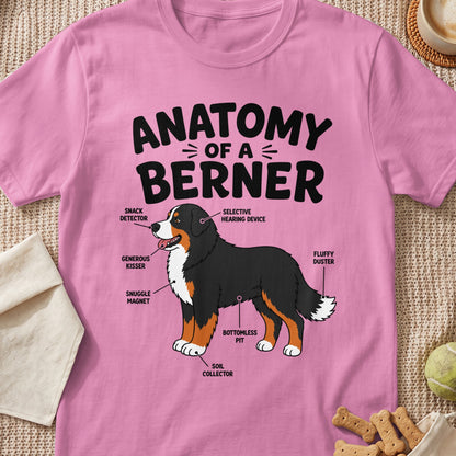 Pink t-shirt with "Anatomy of a Berner" text and humorous dog labels.