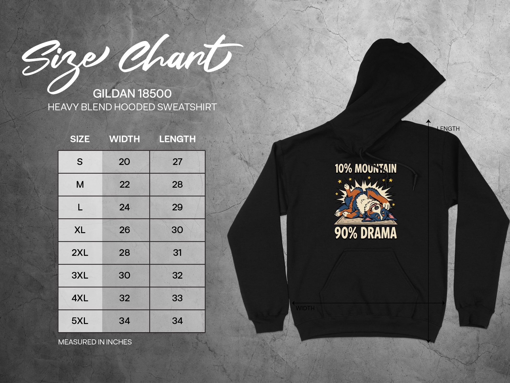 Size chart for Gildan 18500 Heavy Blend Hooded Sweatshirt with graphics.