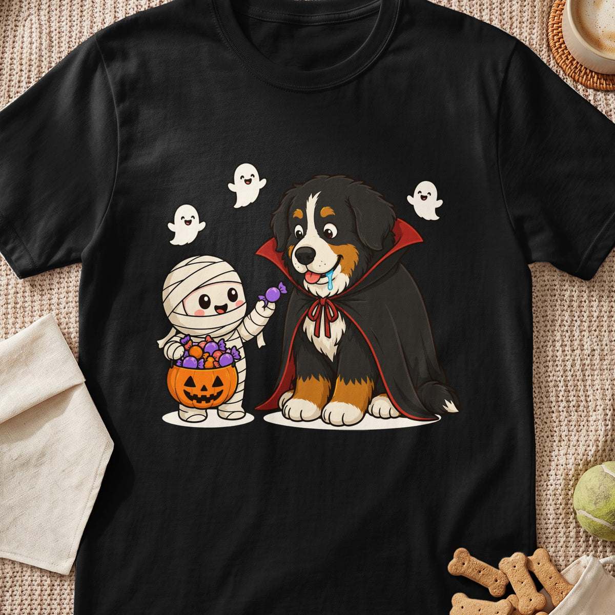 Mummy character offering candy to a Bernese Mountain Dog in a vampire cape.