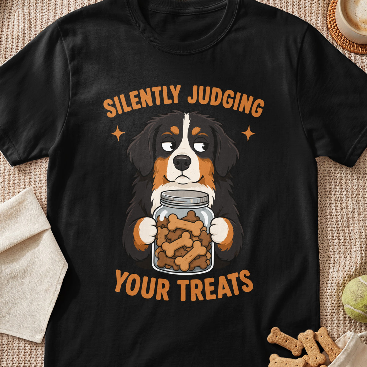 Black t-shirt featuring an illustrated Bernese Mountain Dog holding a treat jar with text reading silently judging your treats.