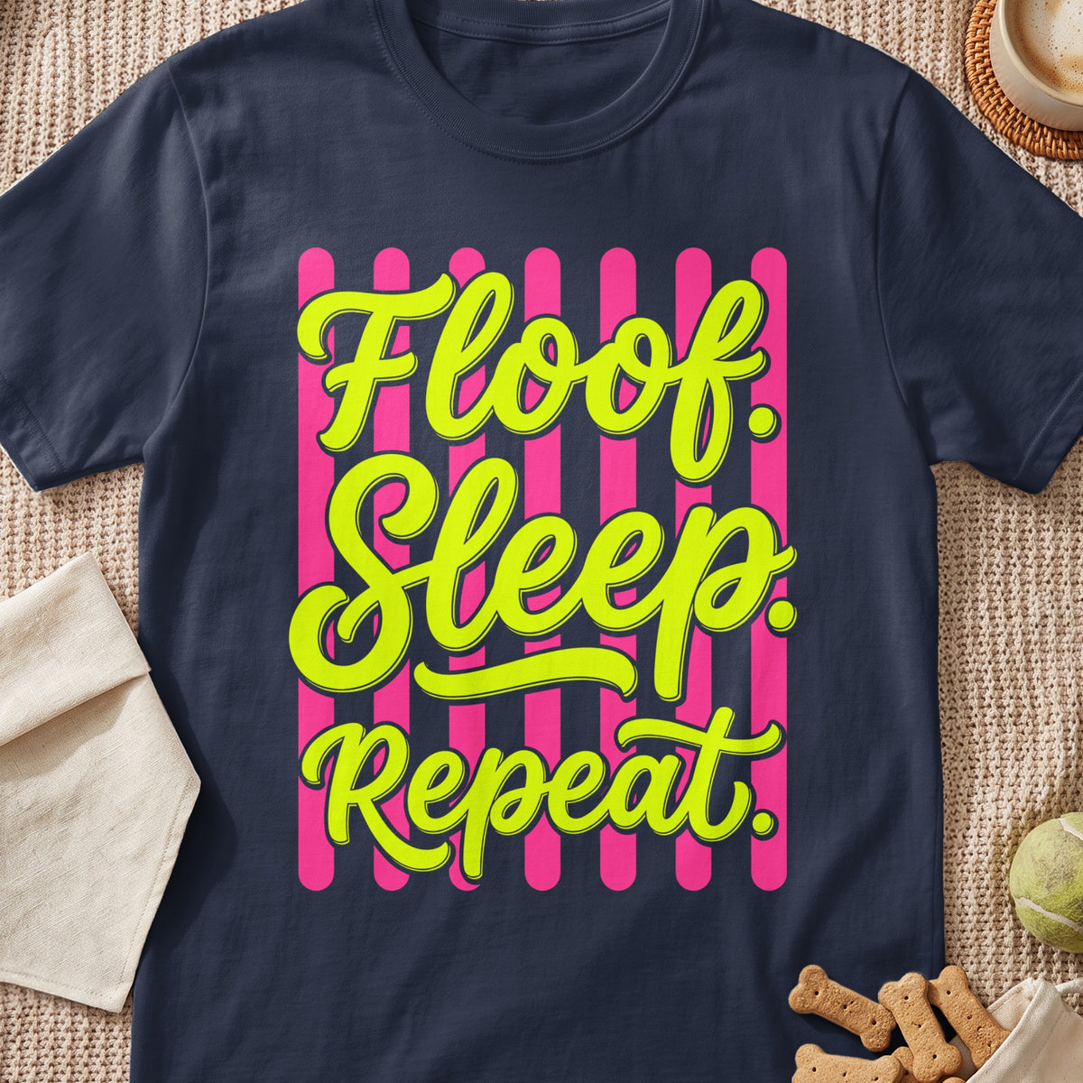 Dark t-shirt with "Floof Sleep Repeat" text in yellow on a pink striped background.