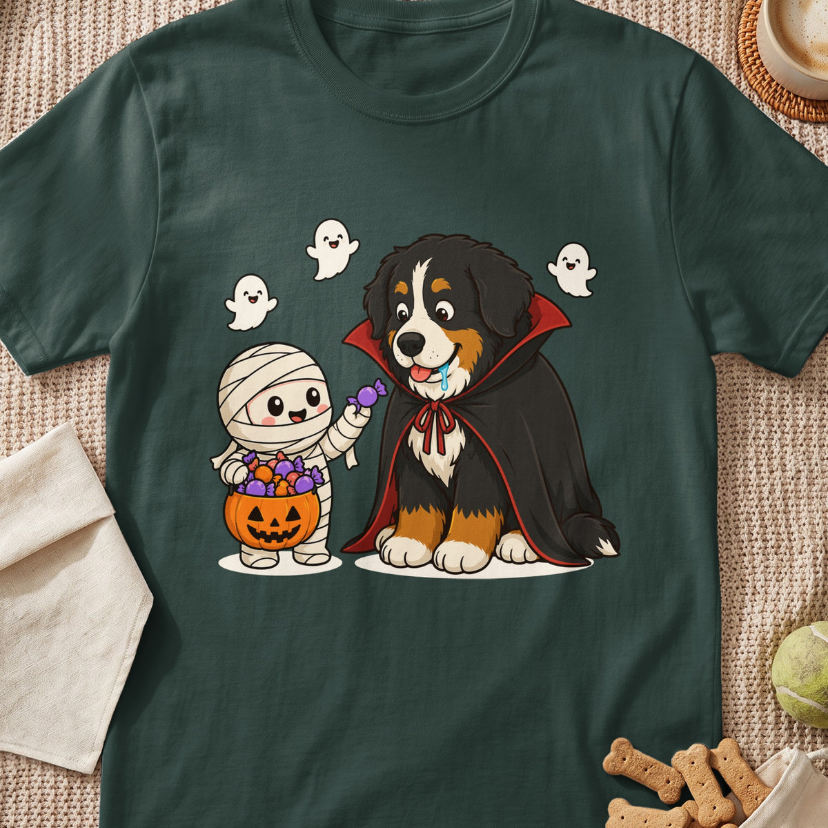 Bernese Mountain Dog dressed as a vampire with mummy and ghosts, holding candy.