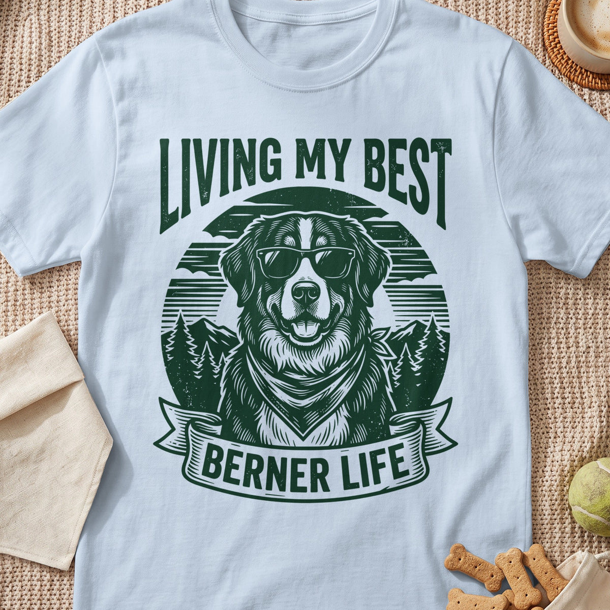 Bernese Mountain Dog wearing sunglasses and bandana, "Living My Best Berner Life".