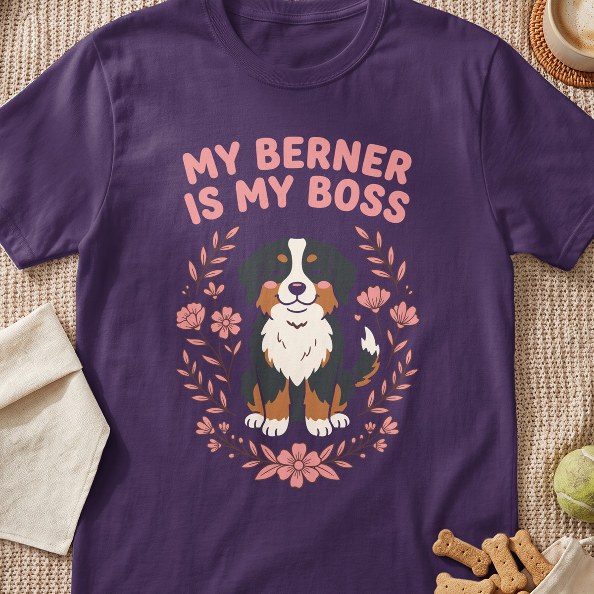 Purple t-shirt with "My Berner is My Boss" text and a floral illustration of a Bernese Mountain Dog.