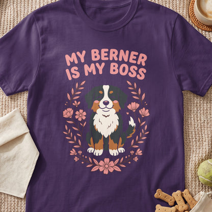 Purple t-shirt with "My Berner is My Boss" text and a floral illustration of a Bernese Mountain Dog.