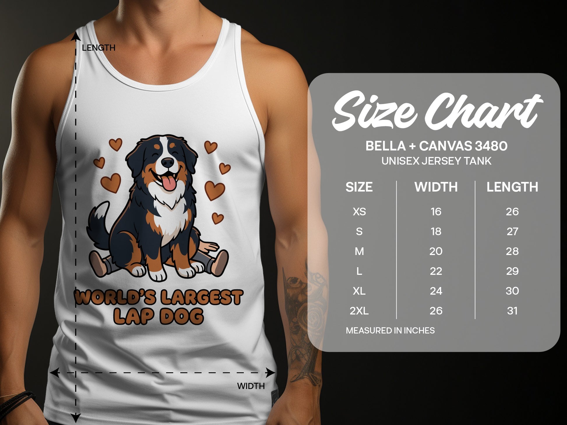 White tank top with cartoon Bernese Mountain Dog and "World's Largest Lap Dog" text, displaying a size chart.