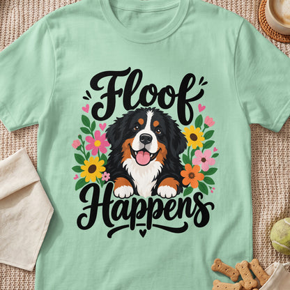 Bernese Mountain Dog surrounded by flowers with text "Floof Happens"