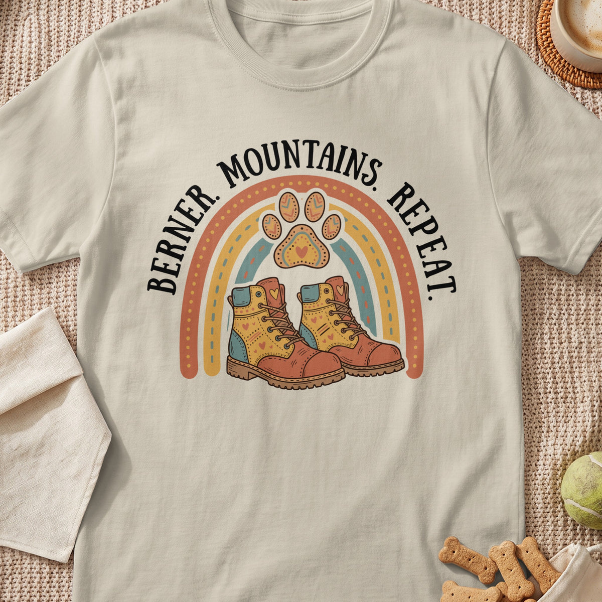 Bernese Mountains Repeat graphic with rainbow, paw print, and hiking boots.