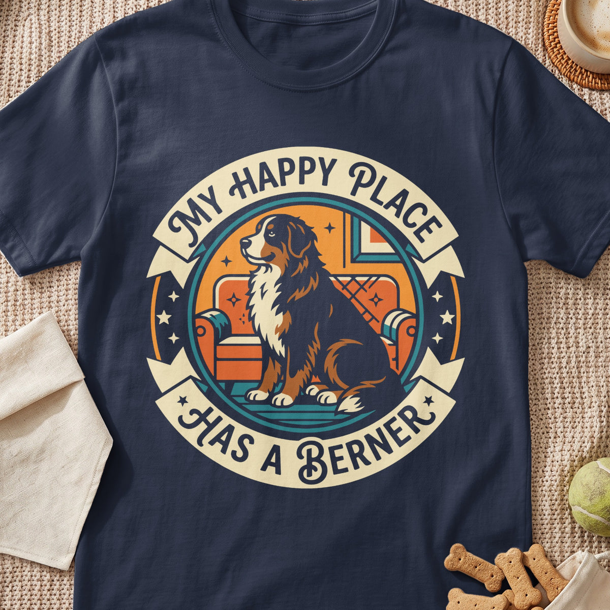 Bernese Mountain Dog sitting on a sofa, text "My Happy Place Has a Berner".
