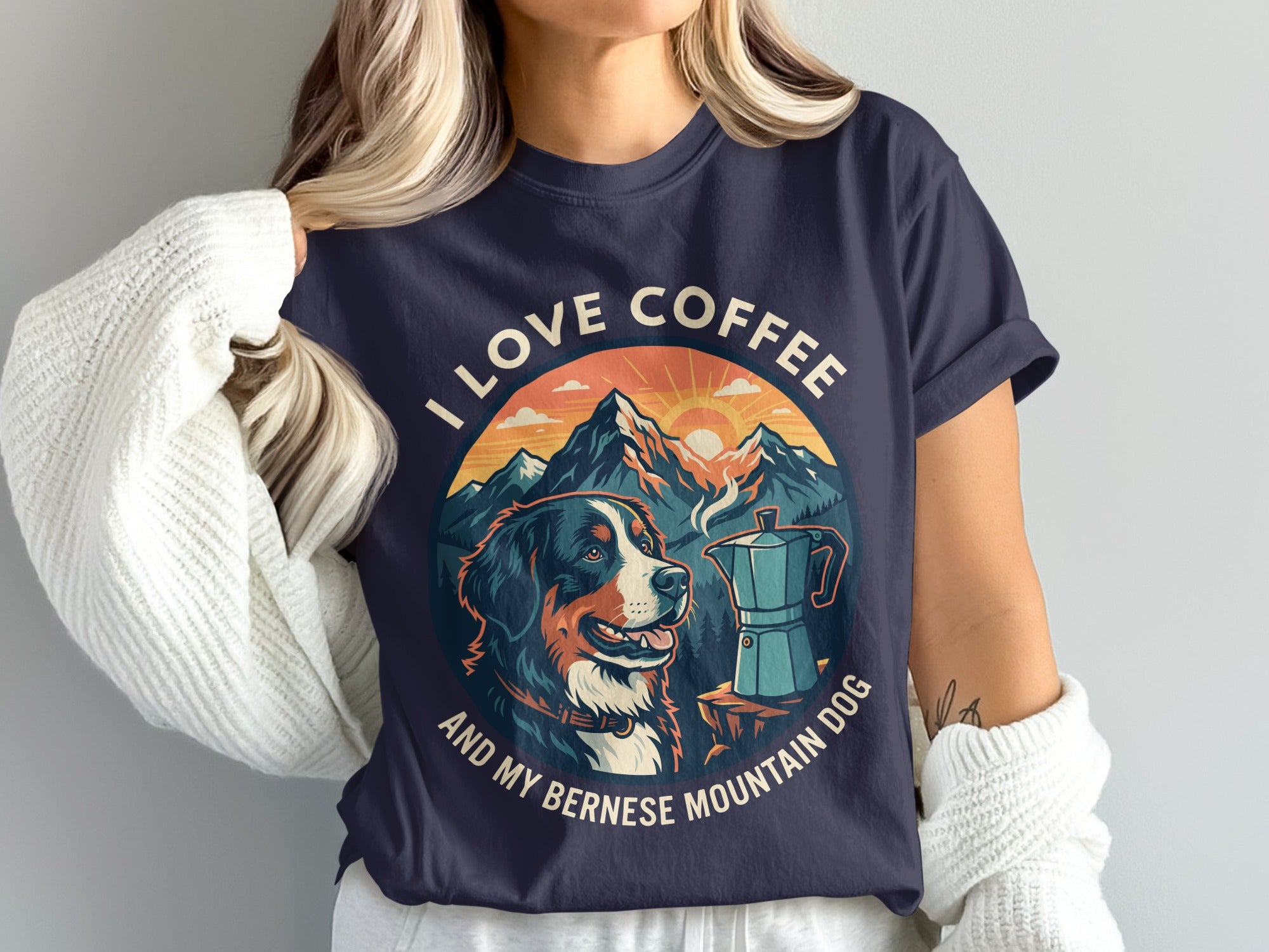 Bernese Mountain Dog with coffee pot, mountains, sun, and text "I Love Coffee and My Bernese Mountain Dog".