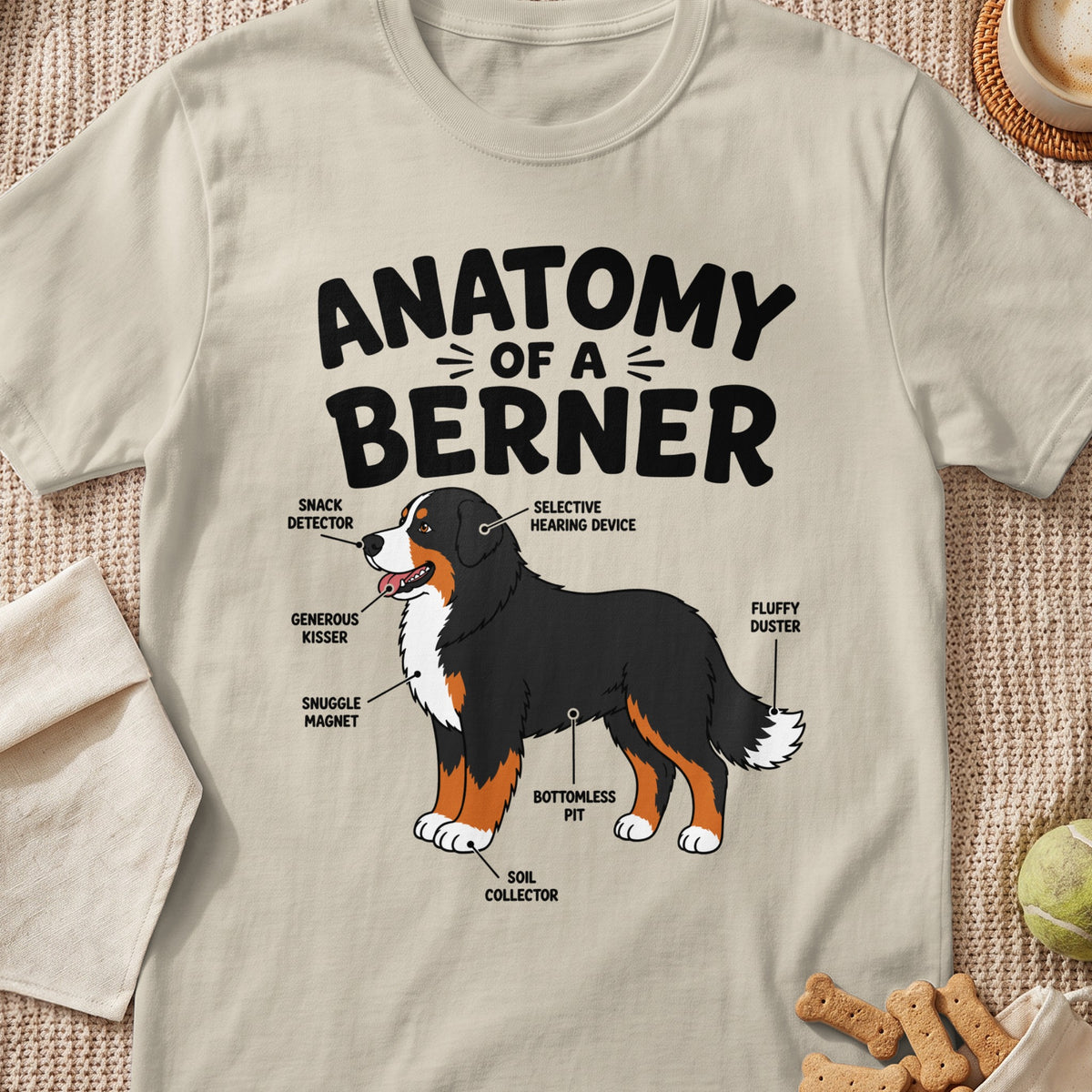 Bernese Mountain Dog anatomy chart with humorous labels on a beige t-shirt.