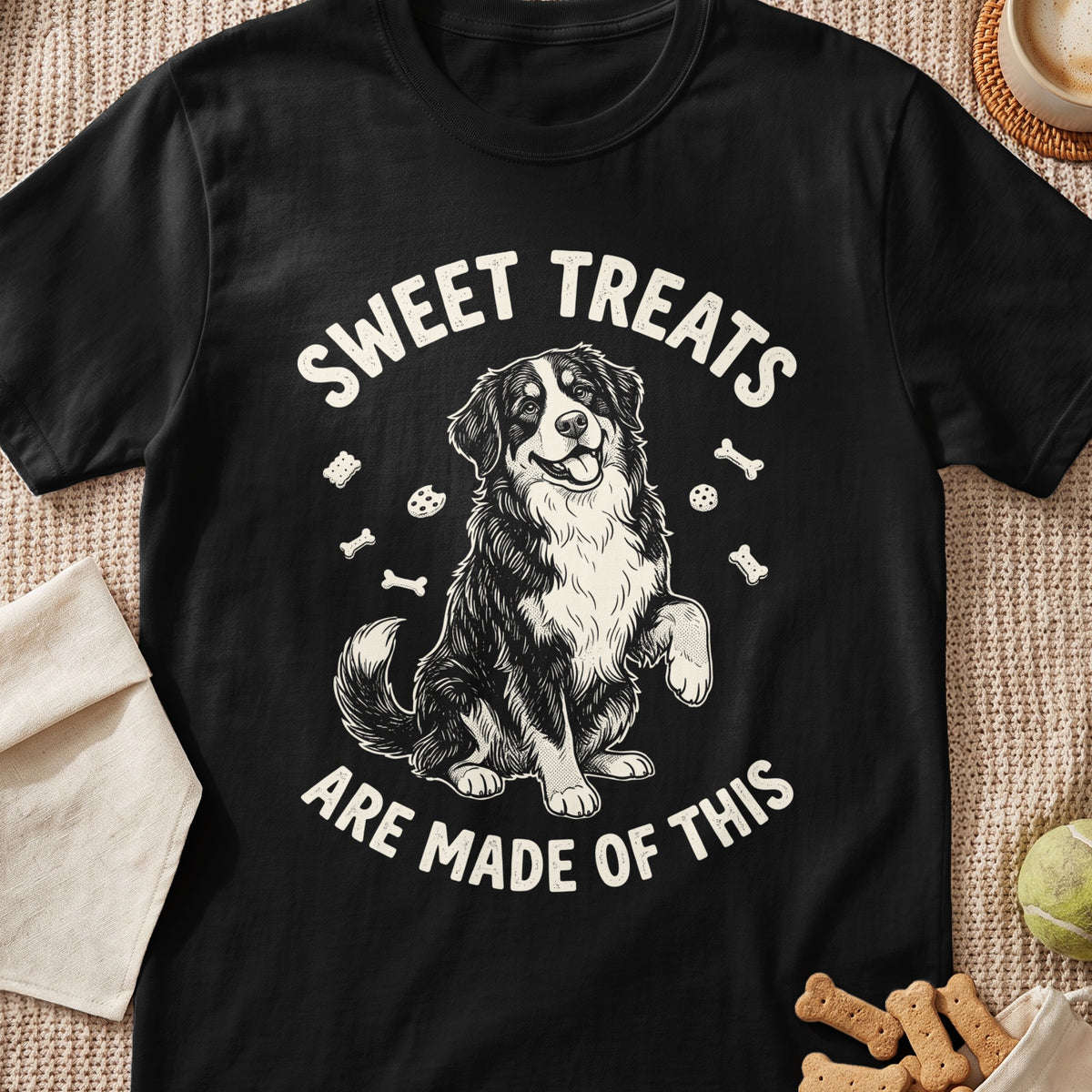 Black t-shirt with a dog and the text "SWEET TREATS ARE MADE OF THIS".