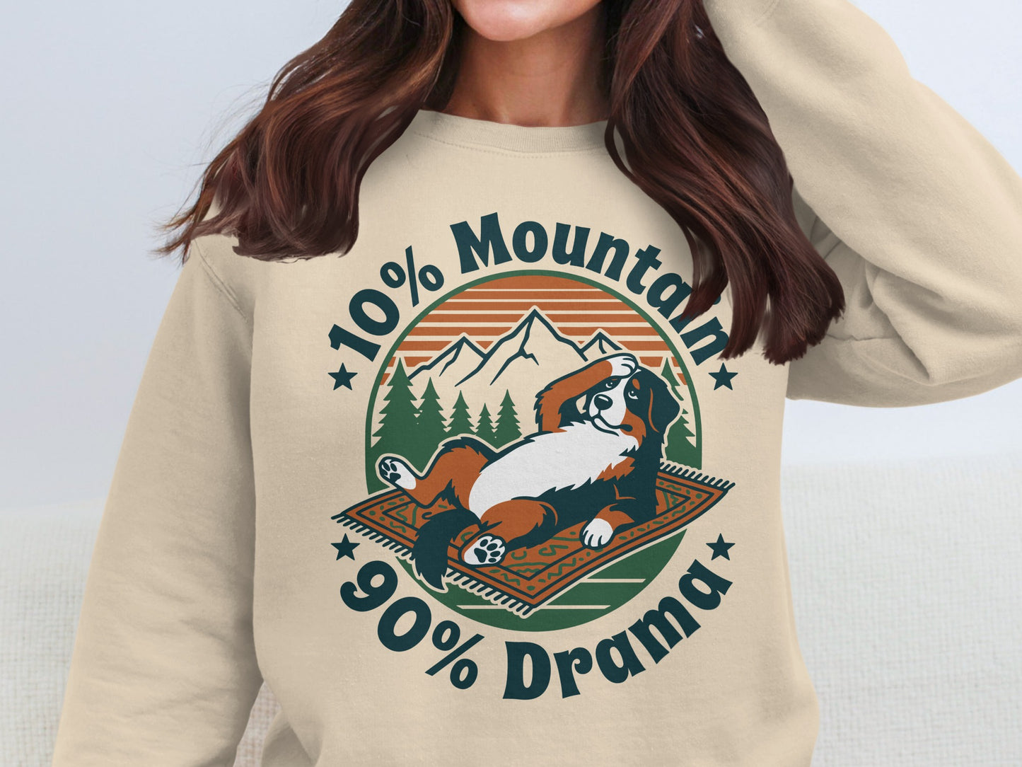 Bernese Mountain Dog on rug with text "10% Mountain 90% Drama".