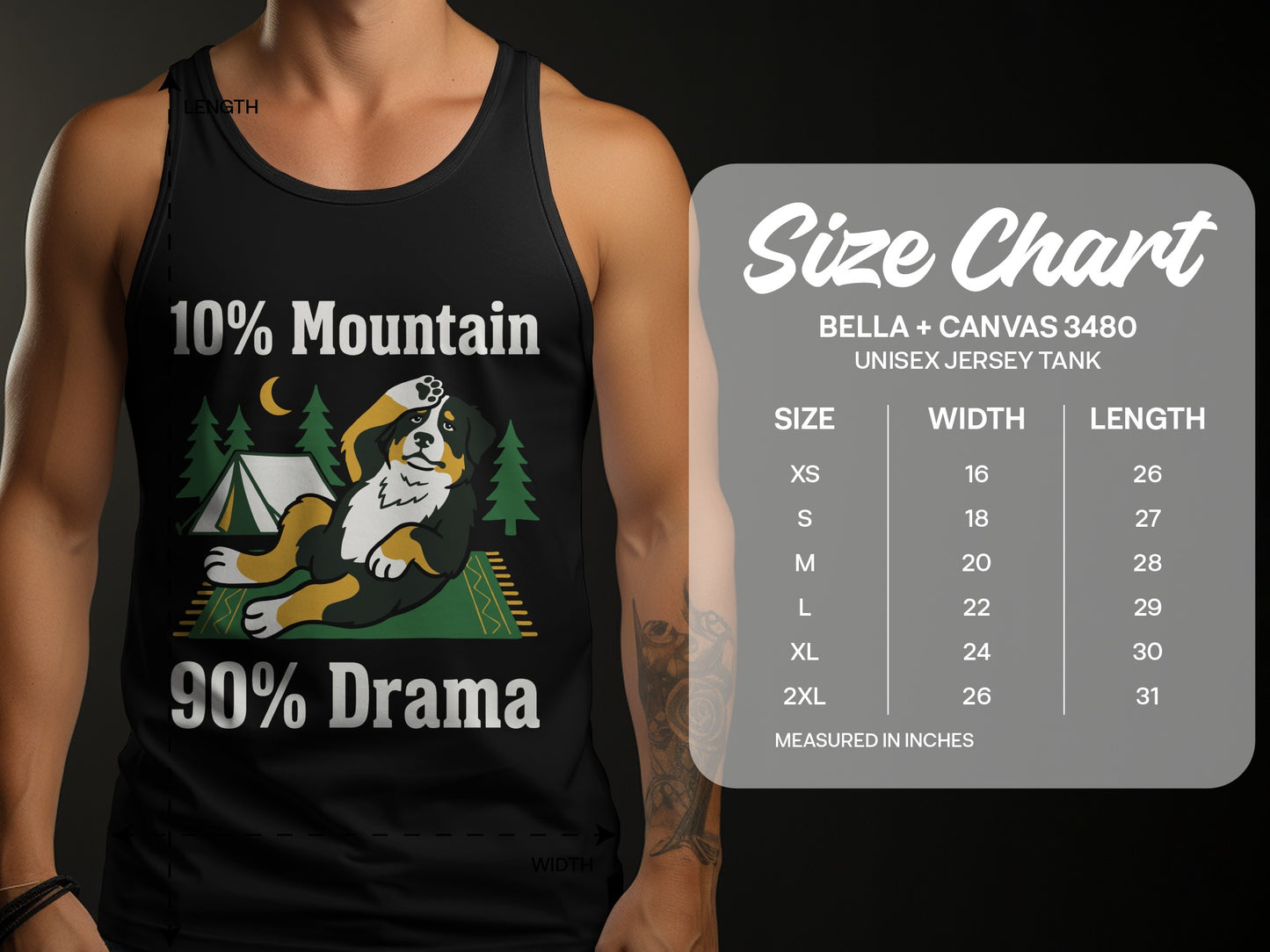 Black tank top with "10% Mountain 90% Drama" and dog camping graphic, with size chart.