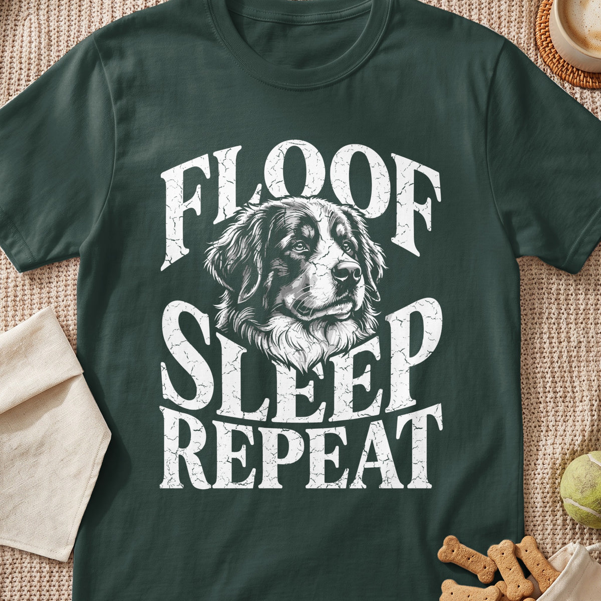 Dark green t-shirt with distressed text "Floof Sleep Repeat" and dog portrait.