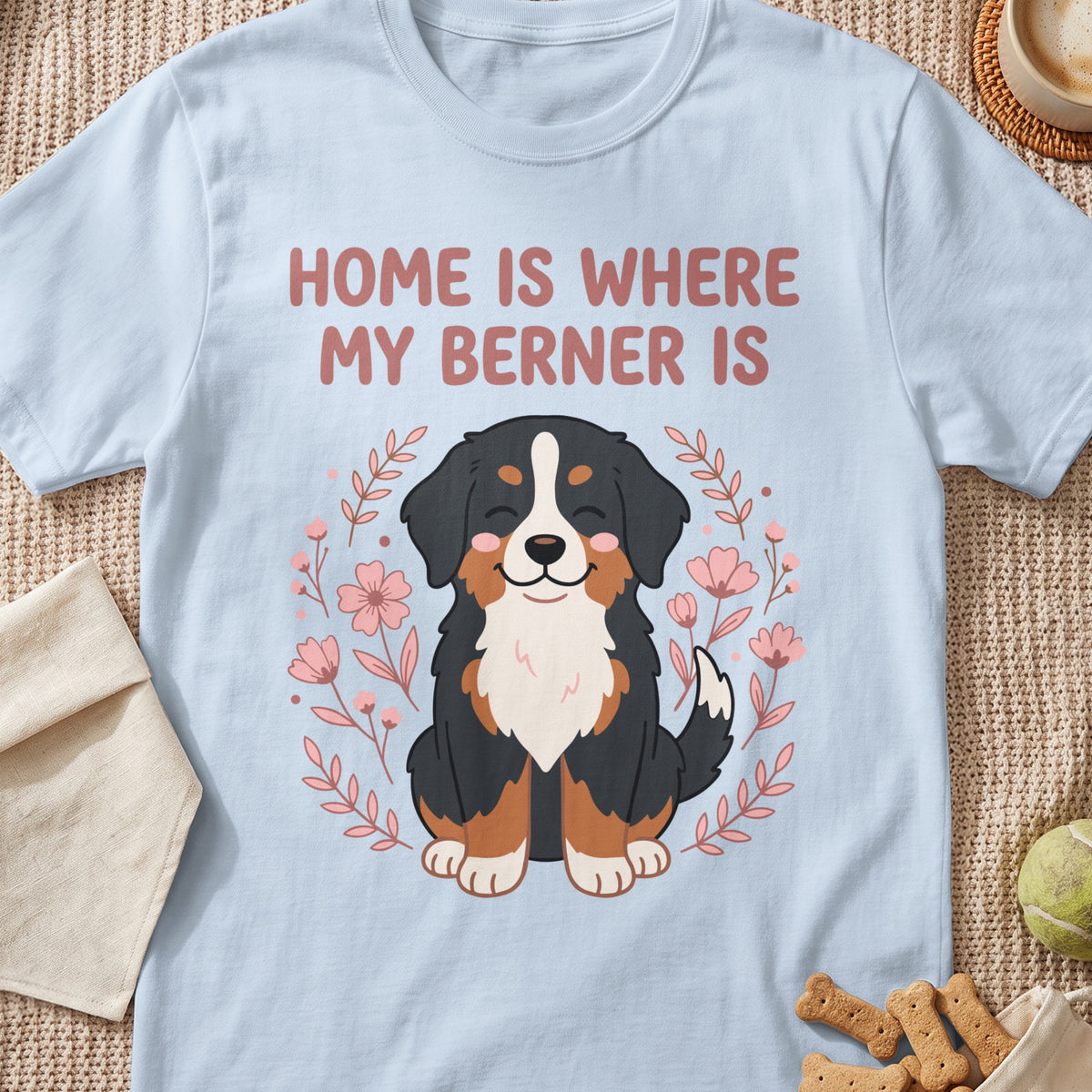 Light blue t-shirt with "HOME IS WHERE MY BERNER IS" and a cartoon Bernese Mountain Dog.