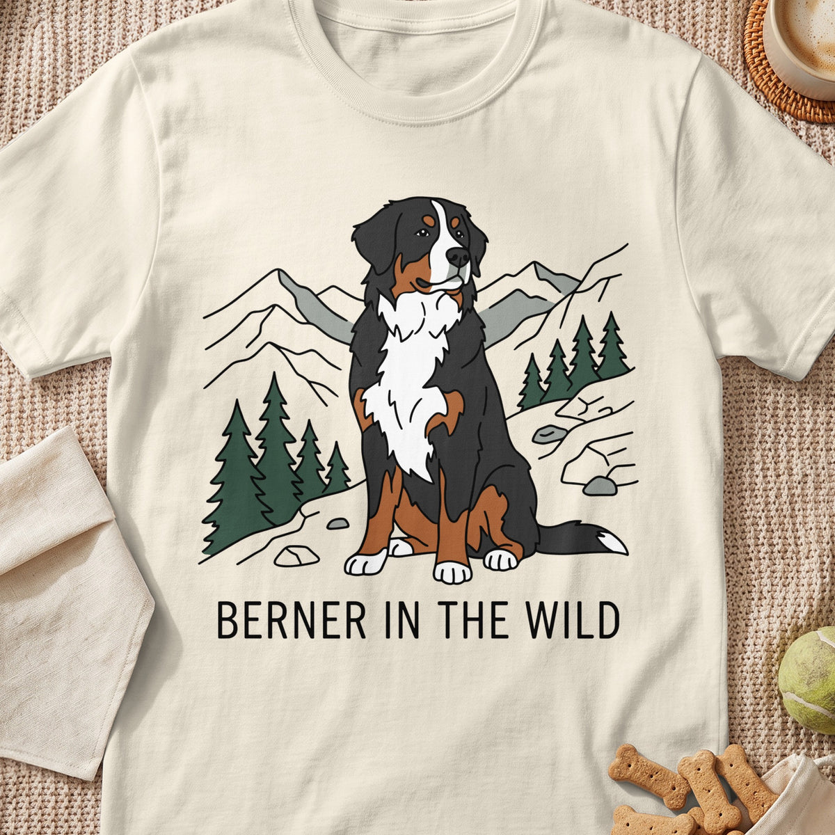 Bernese Mountain Dog in a mountain landscape with text "BERNER IN THE WILD".