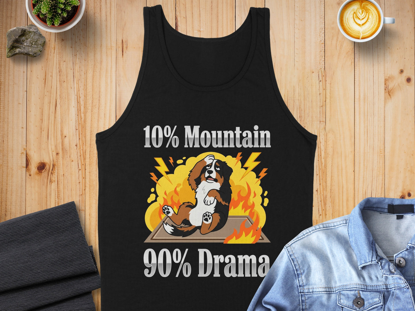 Black tank top with distressed text and cartoon Bernese Mountain Dog in flames.