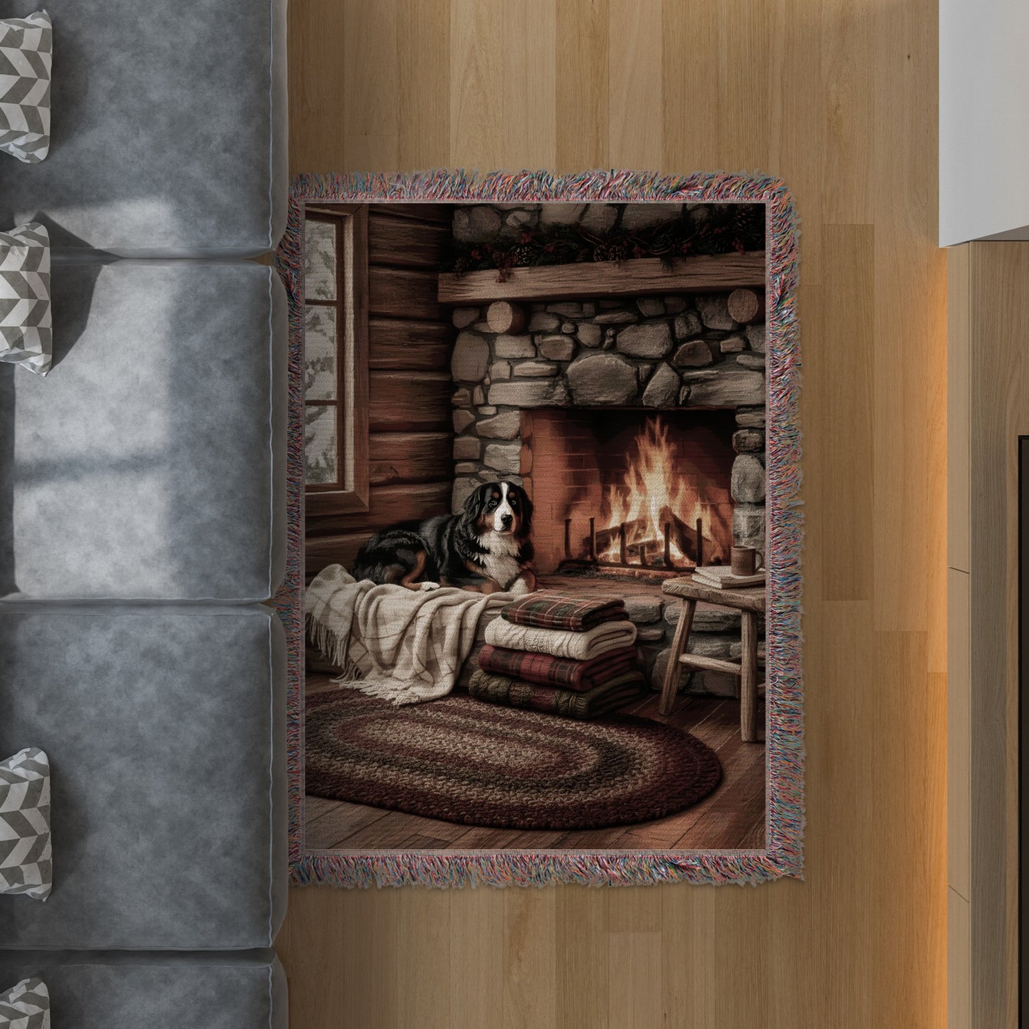 Cozy Cabin Scene with Dog by Fireplace Rug Decor