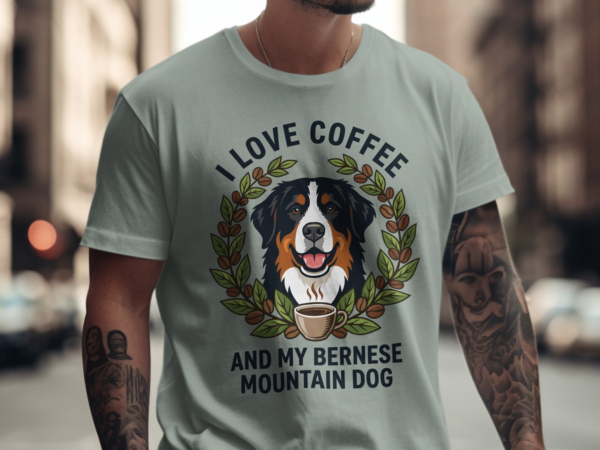 Gray t-shirt with a Bernese Mountain Dog, coffee cup, and text "I love coffee and my Bernese mountain dog."