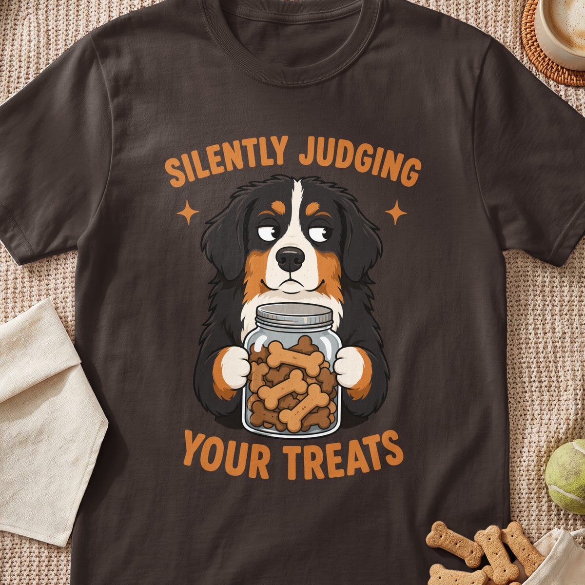 Bernese Mountain Dog holding a jar of treats with text "SILENTLY JUDGING YOUR TREATS".