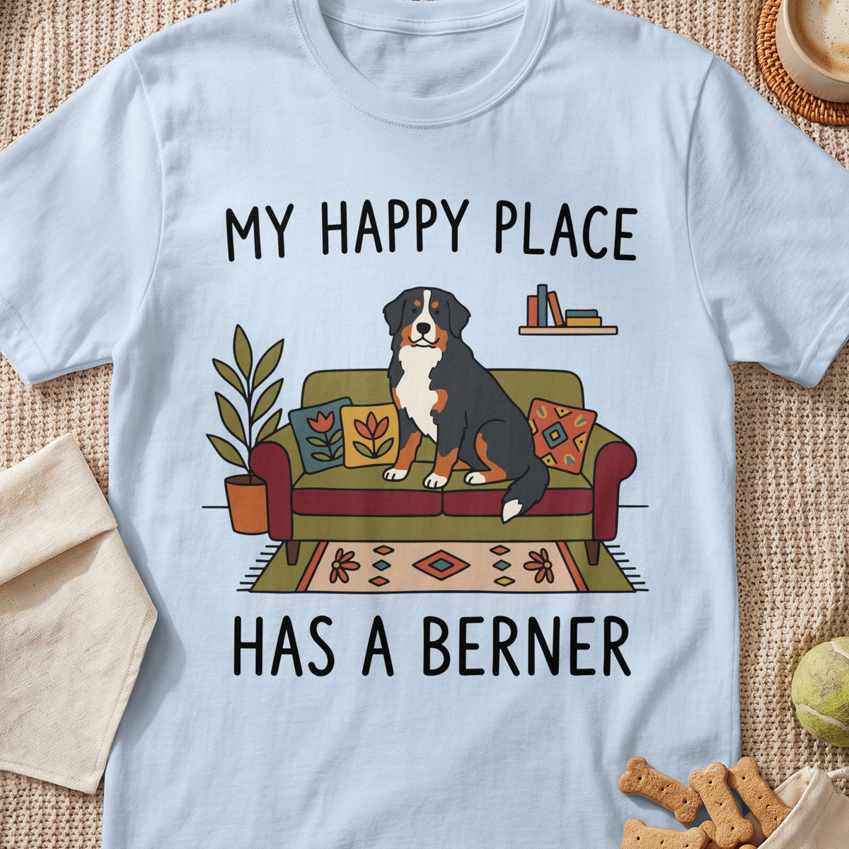 Bernese Mountain Dog on couch with text "MY HAPPY PLACE HAS A BERNER"