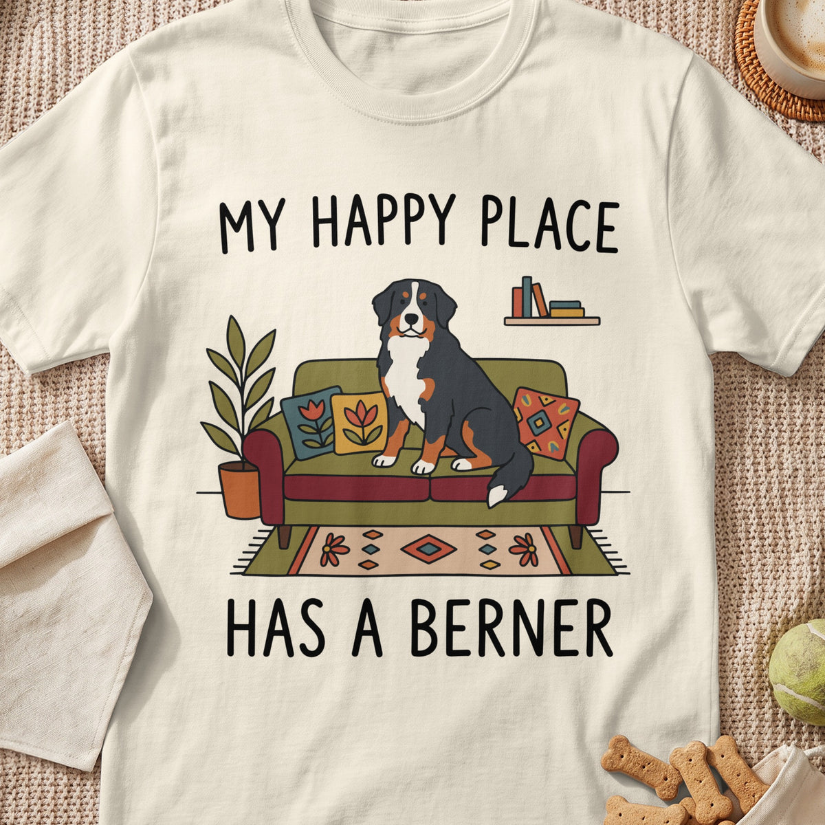 Bernese Mountain Dog on couch with text "MY HAPPY PLACE HAS A BERNER".