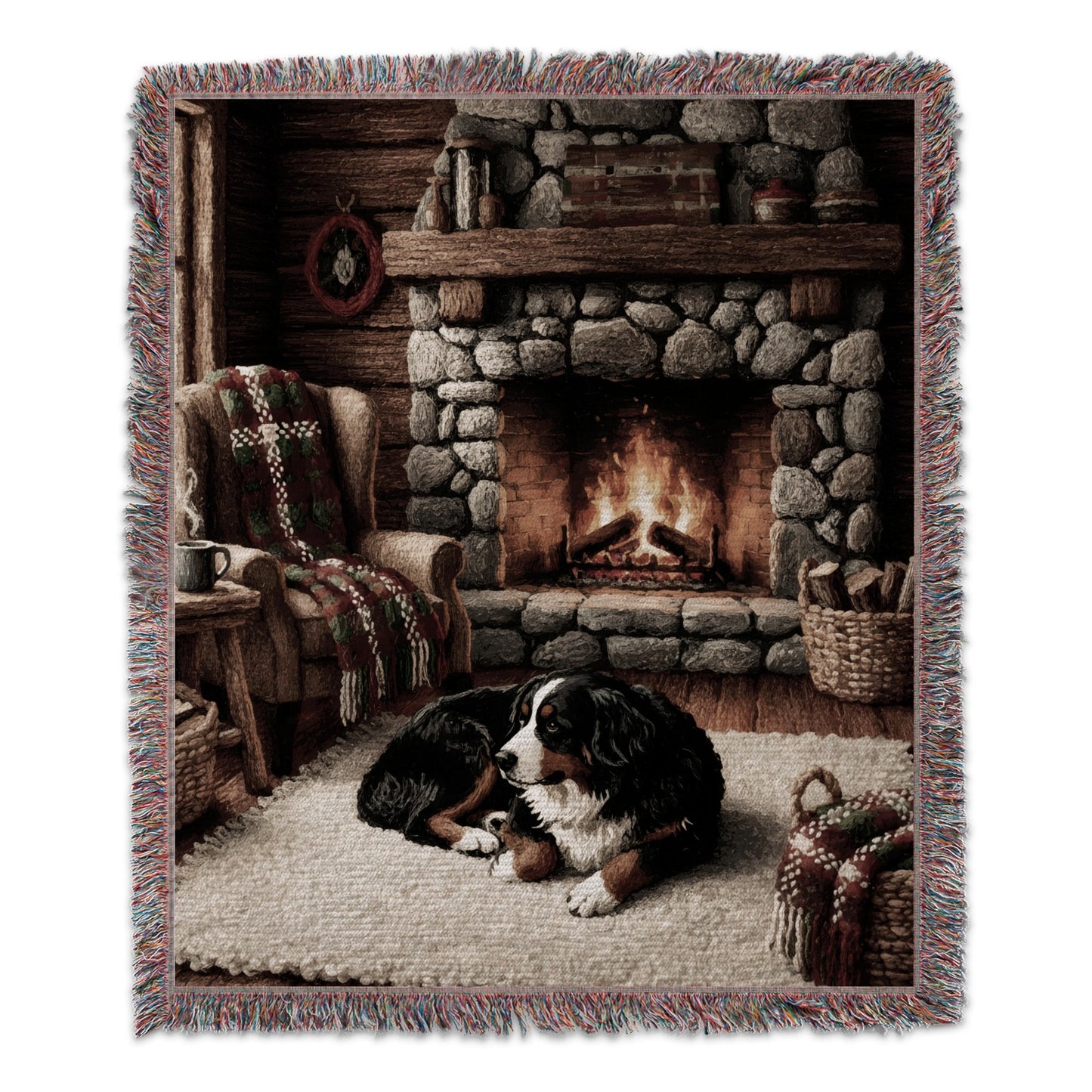 Cozy Log Cabin Blanket with Dog by Fireplace