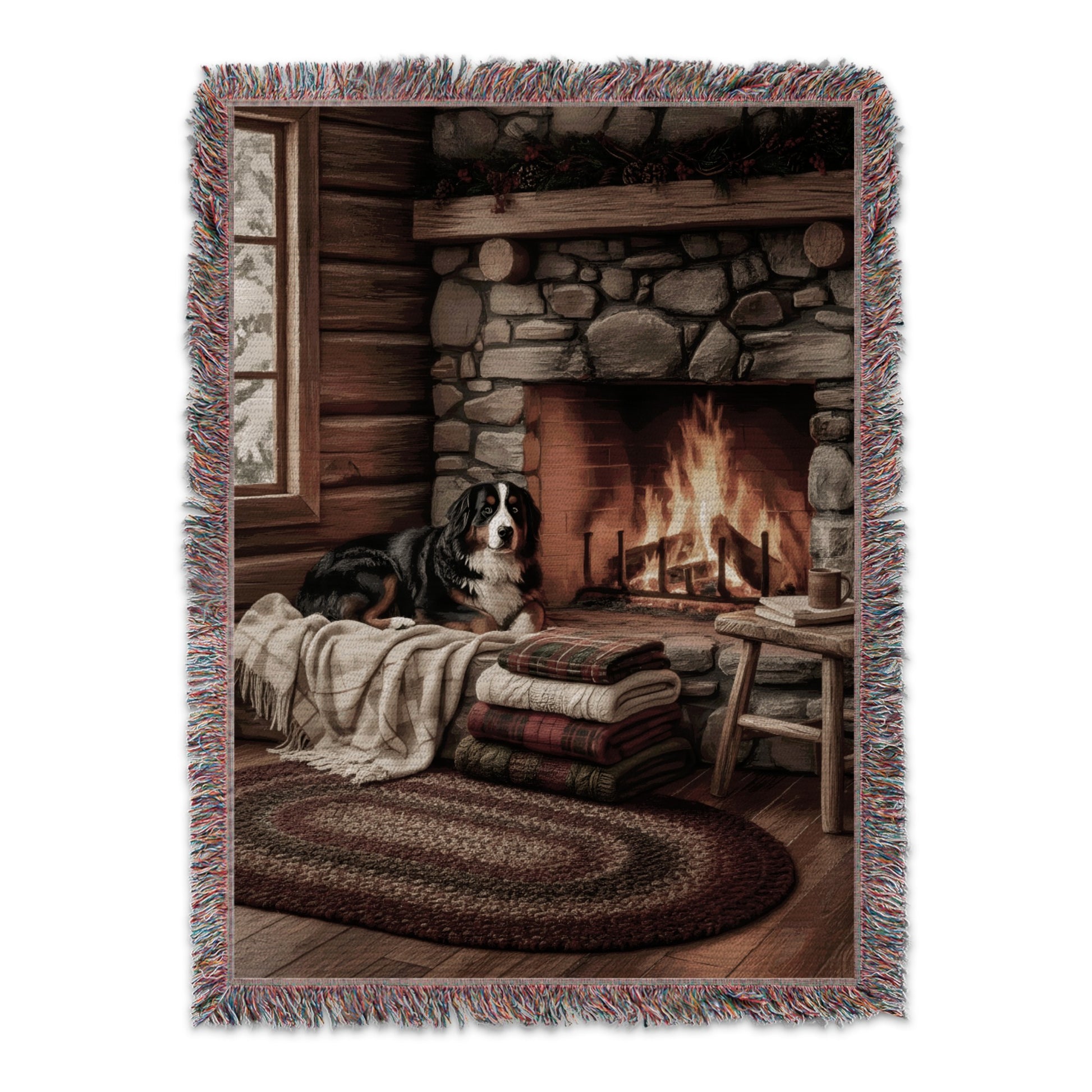 Cozy Fireplace Scene with Dog and Blankets tapestry