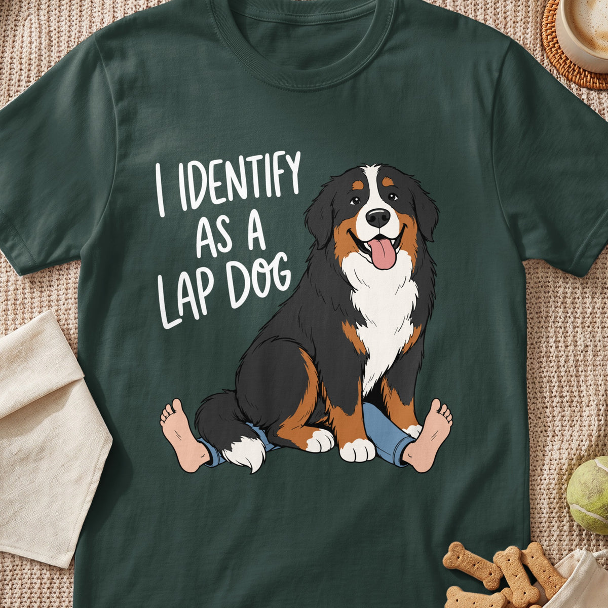 Bernese Mountain Dog with text "I IDENTIFY AS A LAP DOG" and human legs.