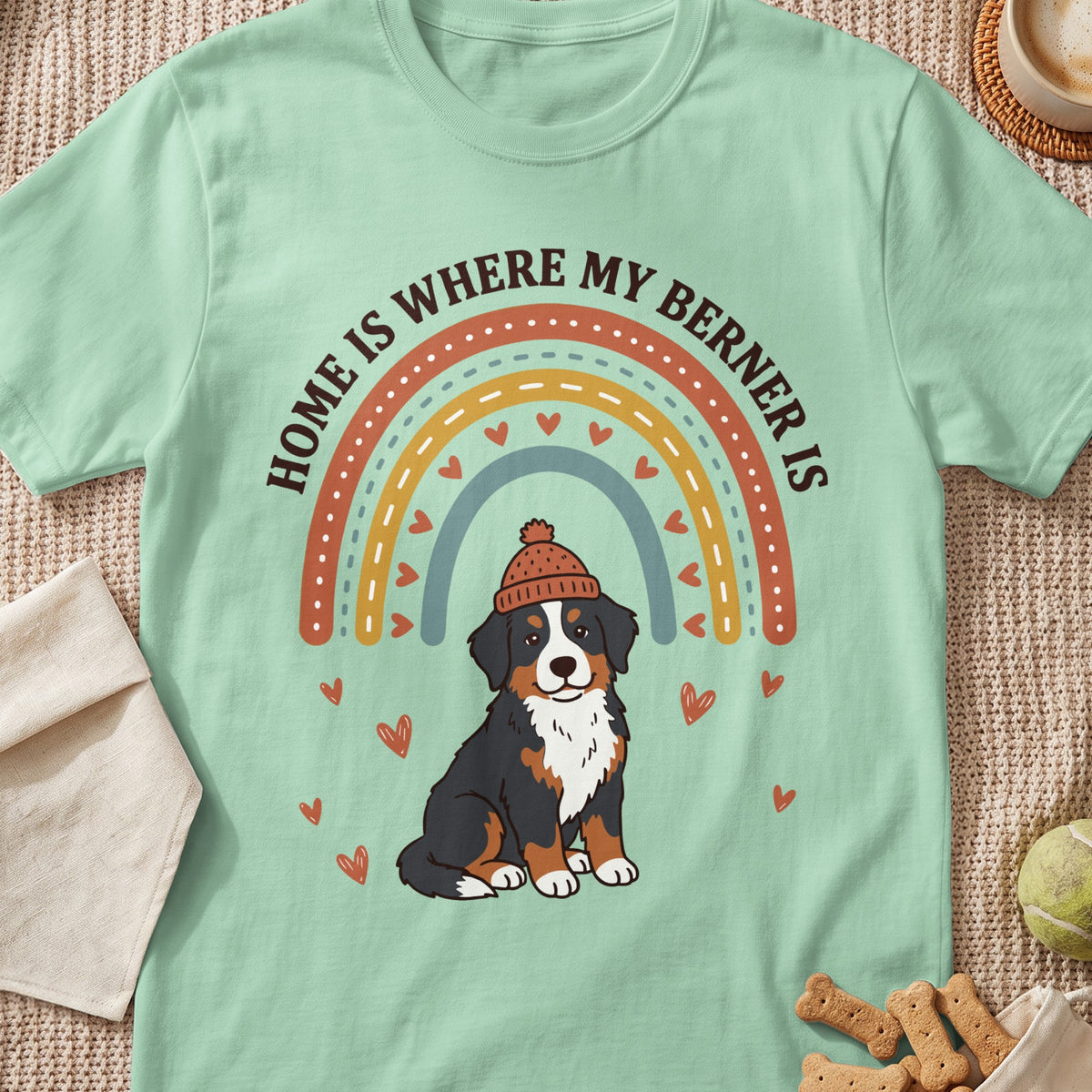 Mint t-shirt with "Home is Where My Berner Is" text and cartoon Bernese Mountain Dog.