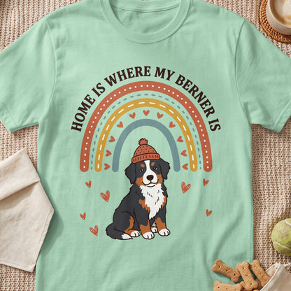 Mint t-shirt with "Home is Where My Berner Is" text and cartoon Bernese Mountain Dog.