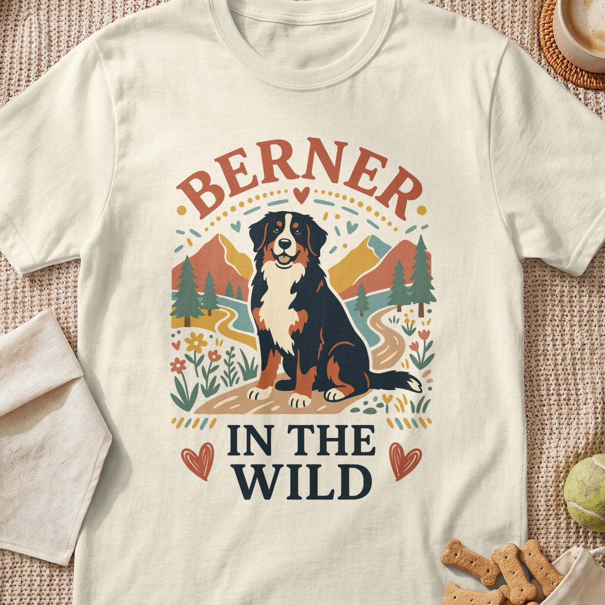 Bernese Mountain Dog graphic with "BERNER IN THE WILD" text and mountains.