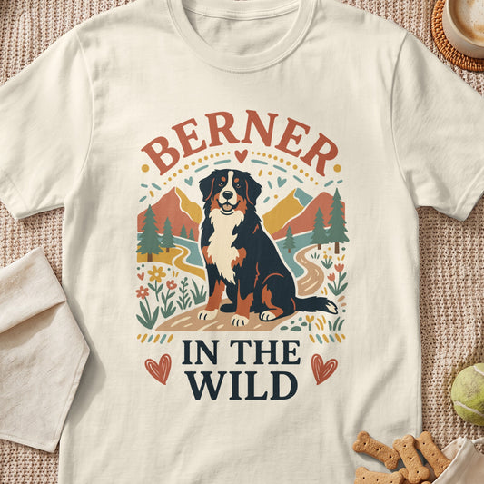Bernese Mountain Dog graphic with "BERNER IN THE WILD" text and mountains.