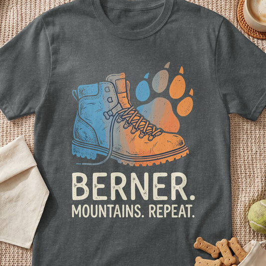 Hiking boot and paw print with text "BERNER. MOUNTAINS. REPEAT."