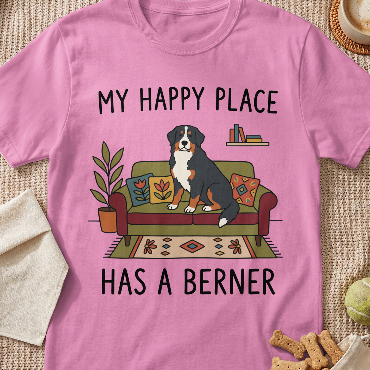 Pink t-shirt with a graphic of a Bernese Mountain Dog on a couch, text reads "My Happy Place Has A Berner".