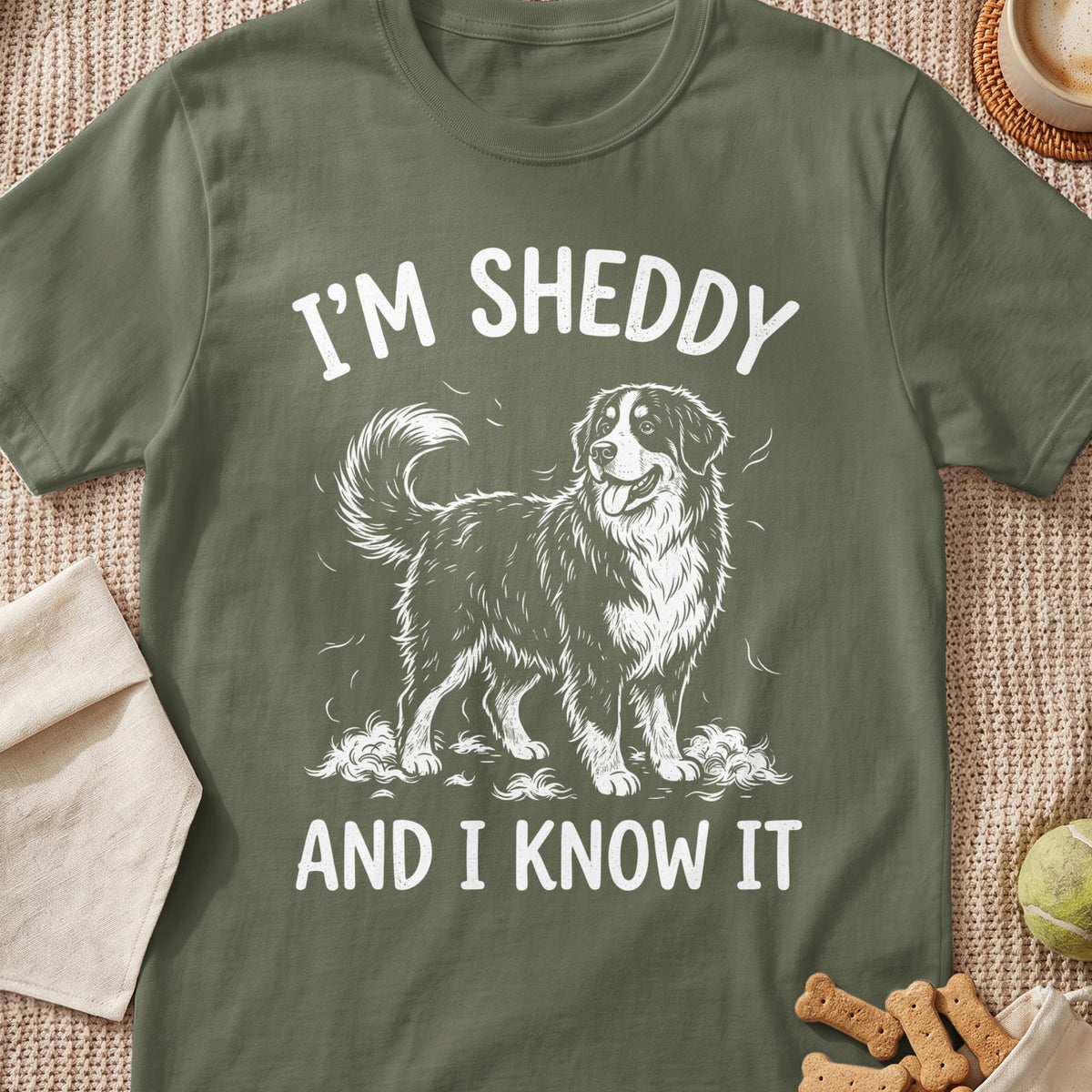 Green t-shirt with white graphic of a dog and text "I'M SHEDDY AND I KNOW IT".