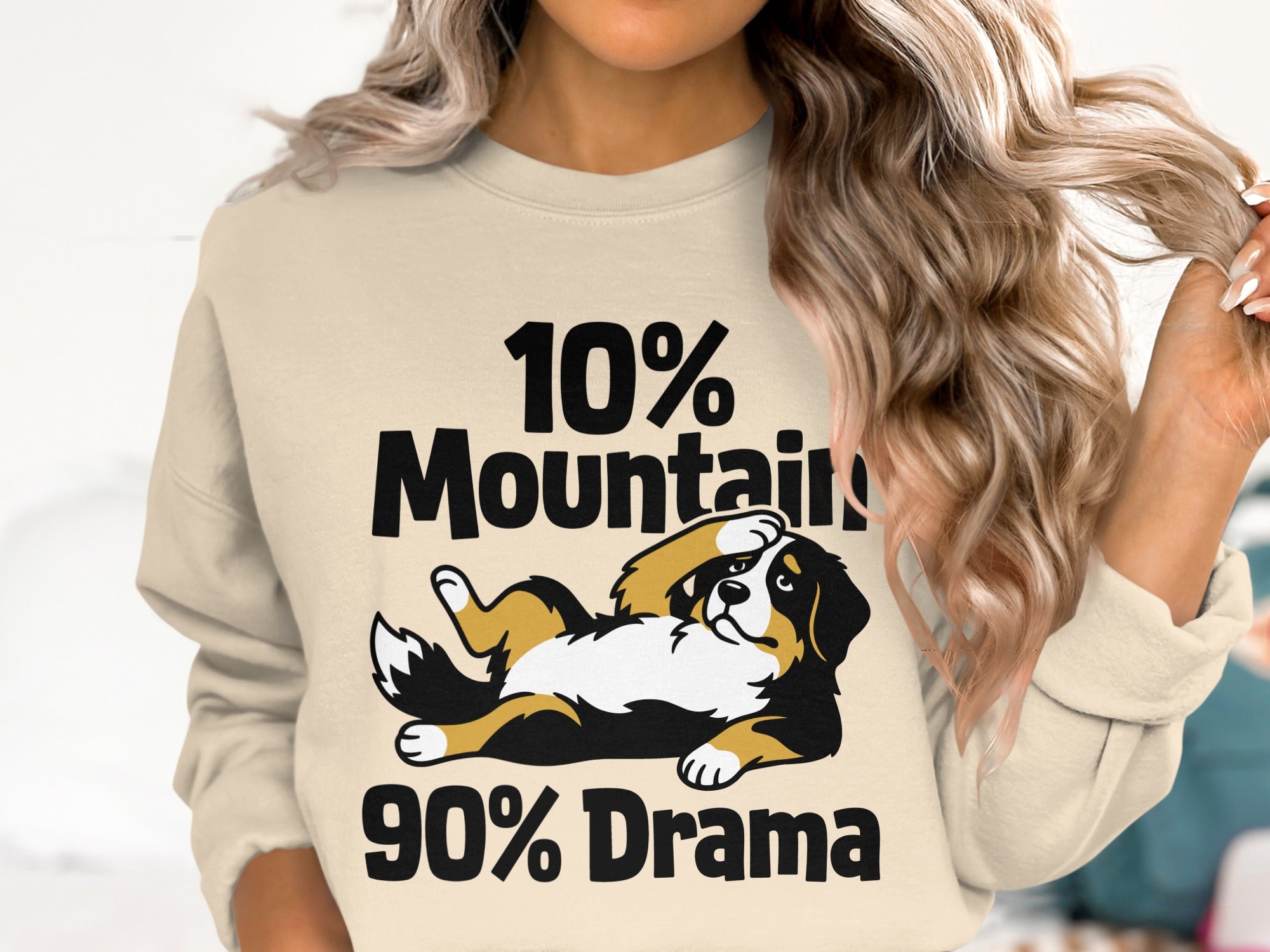 Sweatshirt with text "10% Mountain 90% Drama" and illustrated dog.