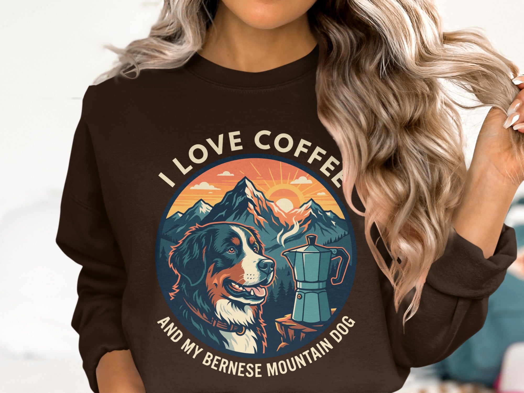 Bernese Mountain Dog with coffee pot and mountains, reads "I love Coffee and my Bernese Mountain Dog".