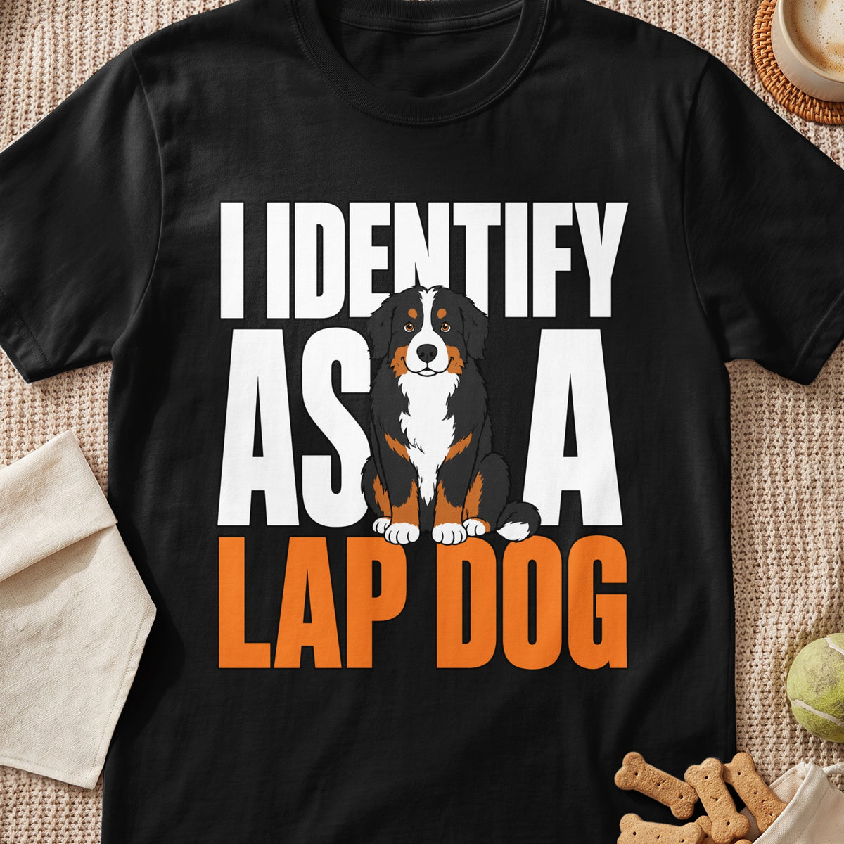 Black t-shirt with white text: I IDENTIFY AS A LAP DOG and cartoon dog.