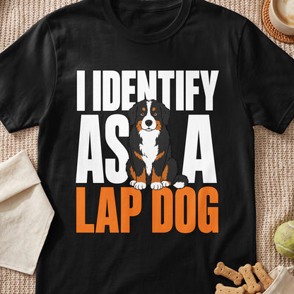 Black t-shirt with white text: I IDENTIFY AS A LAP DOG and cartoon dog.