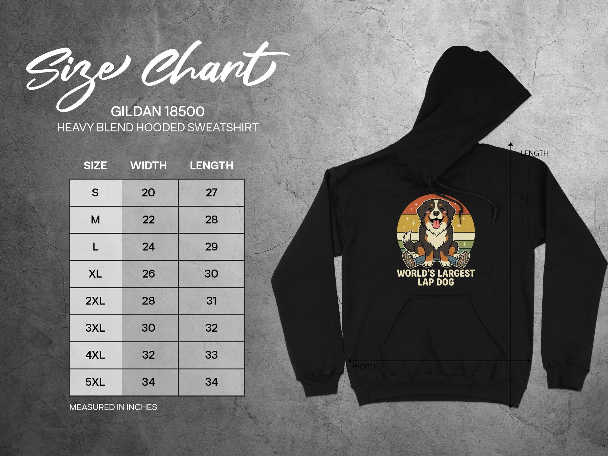 Gildan 18500 size chart for hooded sweatshirts with Bernese Mountain Dog graphic.