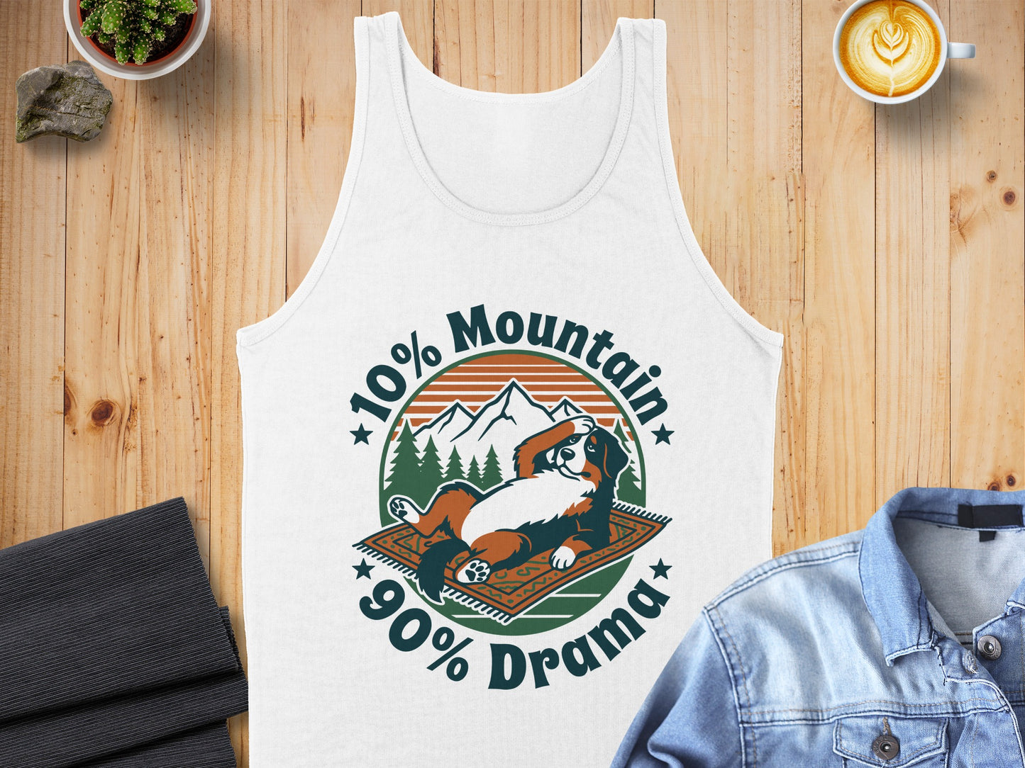 White tank top with a Bernese Mountain Dog graphic and text "10% Mountain 90% Drama".