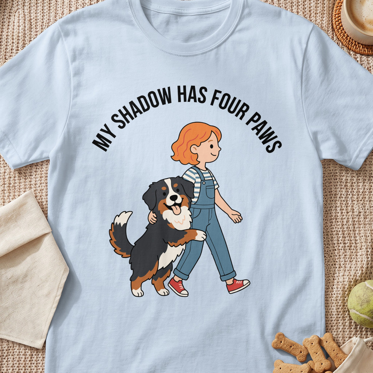 Illustration of a child and Bernese mountain dog with text "My shadow has four paws".
