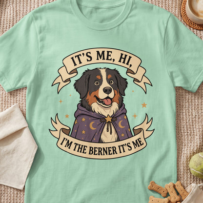 Bernese Mountain Dog wearing a starry cape, text "IT'S ME, HI, I'M THE BERNER IT'S ME".